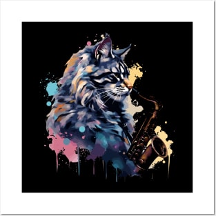 Maine Coon Cat Playing Saxophone Posters and Art